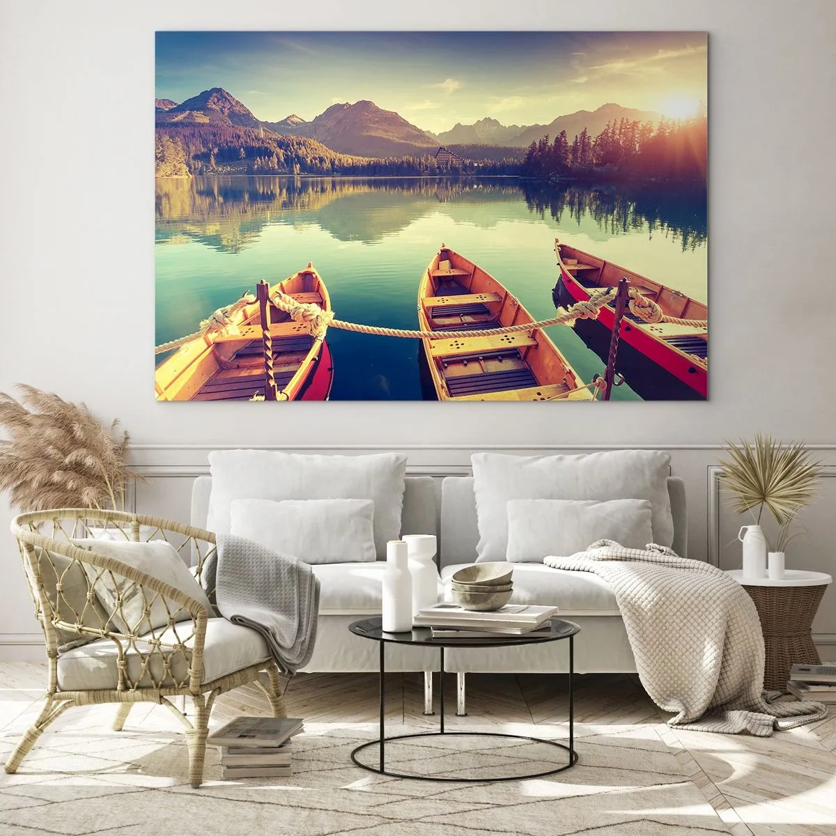 Quadro su vetro - Barche di legno su un lago calmo circondato da montagne - 100x70cm - Vivere secondo le sue leggi - Decorazione murale moderna per soggiorno e camera da letto ARTTOR