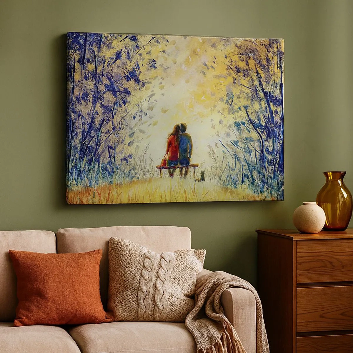 Quadro su tela - Stampe su Tela - Una coppia seduta su una panchina tra gli alberi autunnali alla luce del sole - 70x50cm - Attimo magico - Decorazione murale moderna per soggiorno e camera da letto ARTTOR