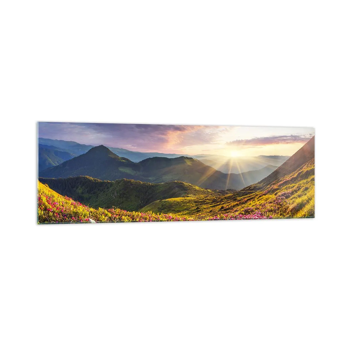 Quadro su vetro - Paesaggio montano con rododendri in fiore - 160x50cm - La freschezza di un mattino sui monti - Decorazione murale moderna per soggiorno e camera da letto ARTTOR