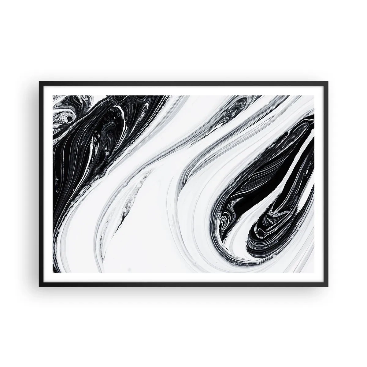 Poster in cornice nera - Astrazione in bianco e nero con linee dinamiche e vortici - 100x70cm - L'unione degli opposti - Decorazione murale moderna per soggiorno e camera da letto ARTTOR