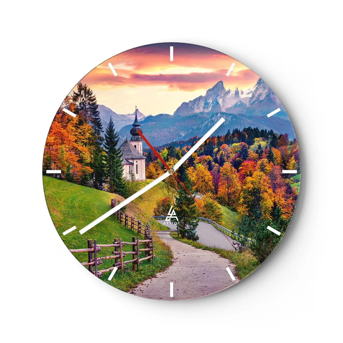 Orologio da parete - Orologio in Vetro - Paesaggio montano autunnale con una chiesa e un vicolo - 30x30cm - Un paesaggio come dipinto - Decorazione murale moderna per soggiorno, cucina e camera da letto ARTTOR