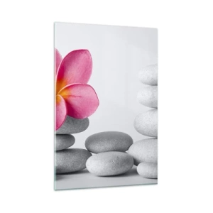 Quadro su vetro - Fiore rosa su pietre in stile zen - 80x120cm - Pietra su pietra, e su questa pietra... - Decorazione murale moderna per soggiorno e camera da letto ARTTOR