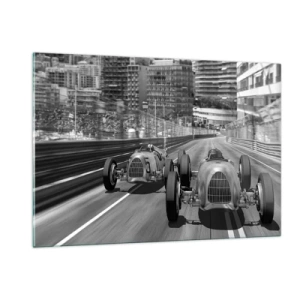 Quadro su vetro - Gara automobilistica storica in bianco e nero - 120x80cm - Tanto tempo fa a Montecarlo - Decorazione murale moderna per soggiorno e camera da letto ARTTOR