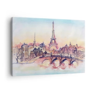 Quadro su tela - Stampe su Tela - Panorama acquerello di Parigi con la Torre Eiffel al tramonto - 70x50cm - L'unica città così al mondo - Decorazione murale moderna per soggiorno e camera da letto ARTTOR