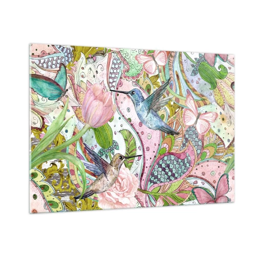 Quadro su vetro - Colibrì colorati tra fiori e farfalle - 100x70cm - Intrecciate nei rami - Decorazione murale moderna per soggiorno e camera da letto ARTTOR