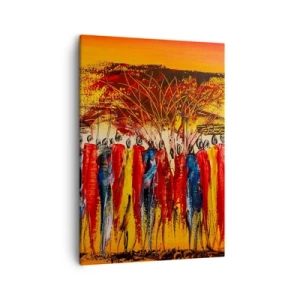 Quadro su tela - Stampe su Tela - Una scena colorata con figure africane sullo sfondo del sole al tramonto. - 50x70cm - Al suono dei tam tam - Decorazione murale moderna per soggiorno e camera da letto ARTTOR