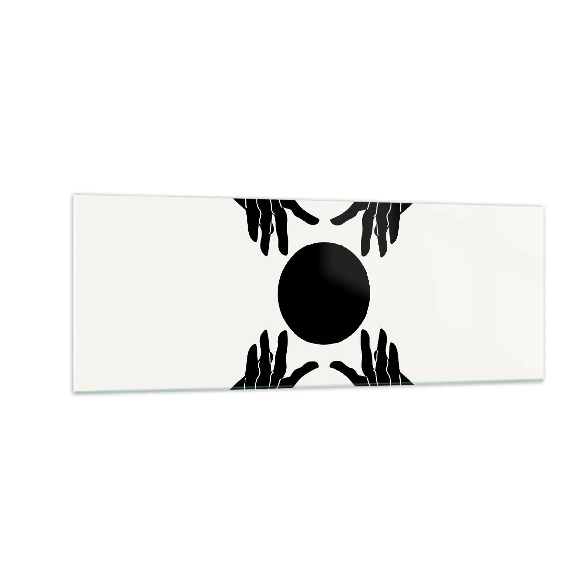 Quadro su vetro - Mani nere in una composizione simmetrica con una palla - 140x50cm - Segno misterioso - Decorazione murale moderna per soggiorno e camera da letto ARTTOR