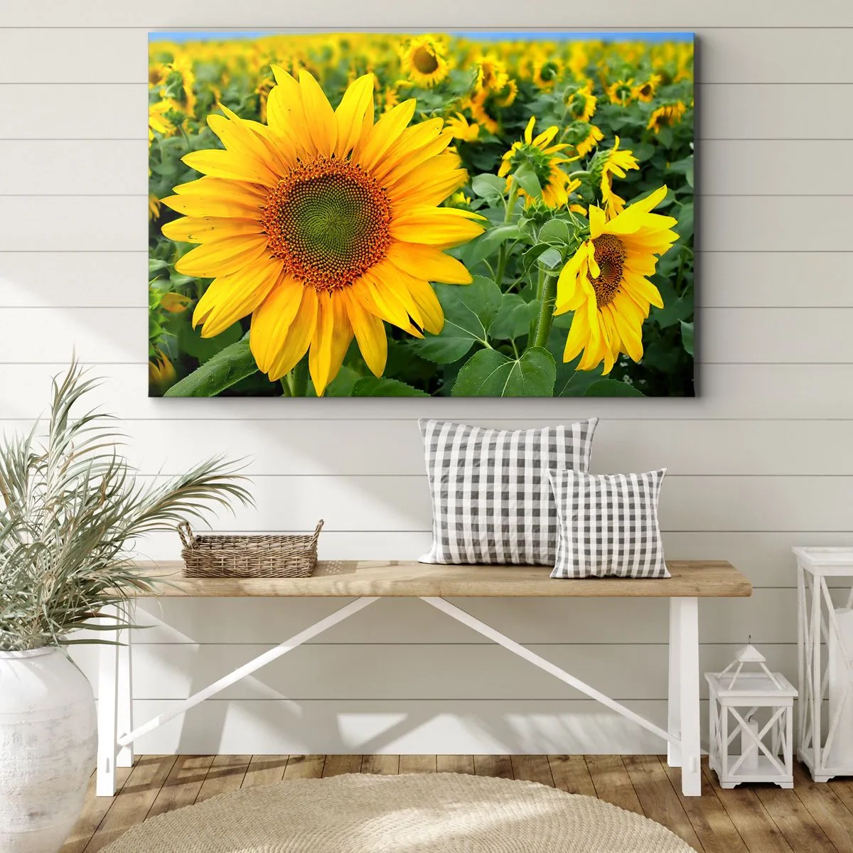 Quadro su tela - Stampe su Tela - Un campo di girasoli con fiori gialli su uno sfondo di foglie verdi - 120x80cm - Centinaia di soli ardono - Decorazione murale moderna per soggiorno e camera da letto ARTTOR