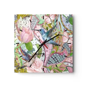 Orologio da parete - Orologio in Vetro - Colibrì e farfalle colorati tra le piante - 30x30cm - Intrecciate nei rami - Decorazione murale moderna per soggiorno e camera da letto ARTTOR