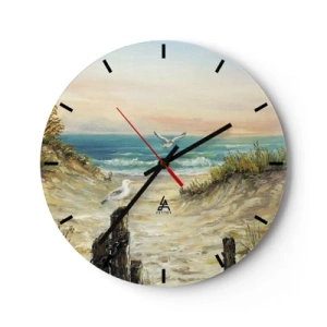 Orologio da parete - Orologio in Vetro - Gabbiani sulla riva del mare al tramonto - 30x30cm - Silenzio senza vento - Decorazione murale moderna per soggiorno, cucina e camera da letto ARTTOR
