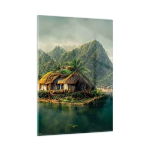 Quadro su vetro - Un villaggio tropicale in riva all'acqua, circondato da montagne e palme - 50x70cm - Paradiso tropicale - Decorazione murale moderna per soggiorno e camera da letto ARTTOR