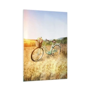 Quadro su vetro - Una bicicletta retrò con un cesto pieno di fiori sullo sfondo di un prato. - 80x120cm - Resto qui un attimo - Decorazione murale moderna per soggiorno e camera da letto ARTTOR