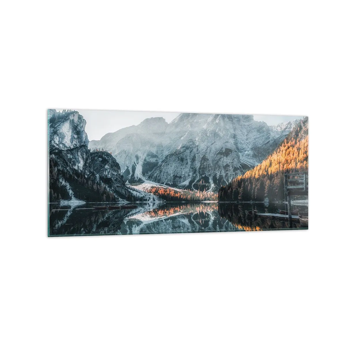 Quadro su vetro - Un paesaggio montano riflesso nella calma superficie di un lago - 120x50cm - Paesaggio allo specchio - Decorazione murale moderna per soggiorno e camera da letto ARTTOR