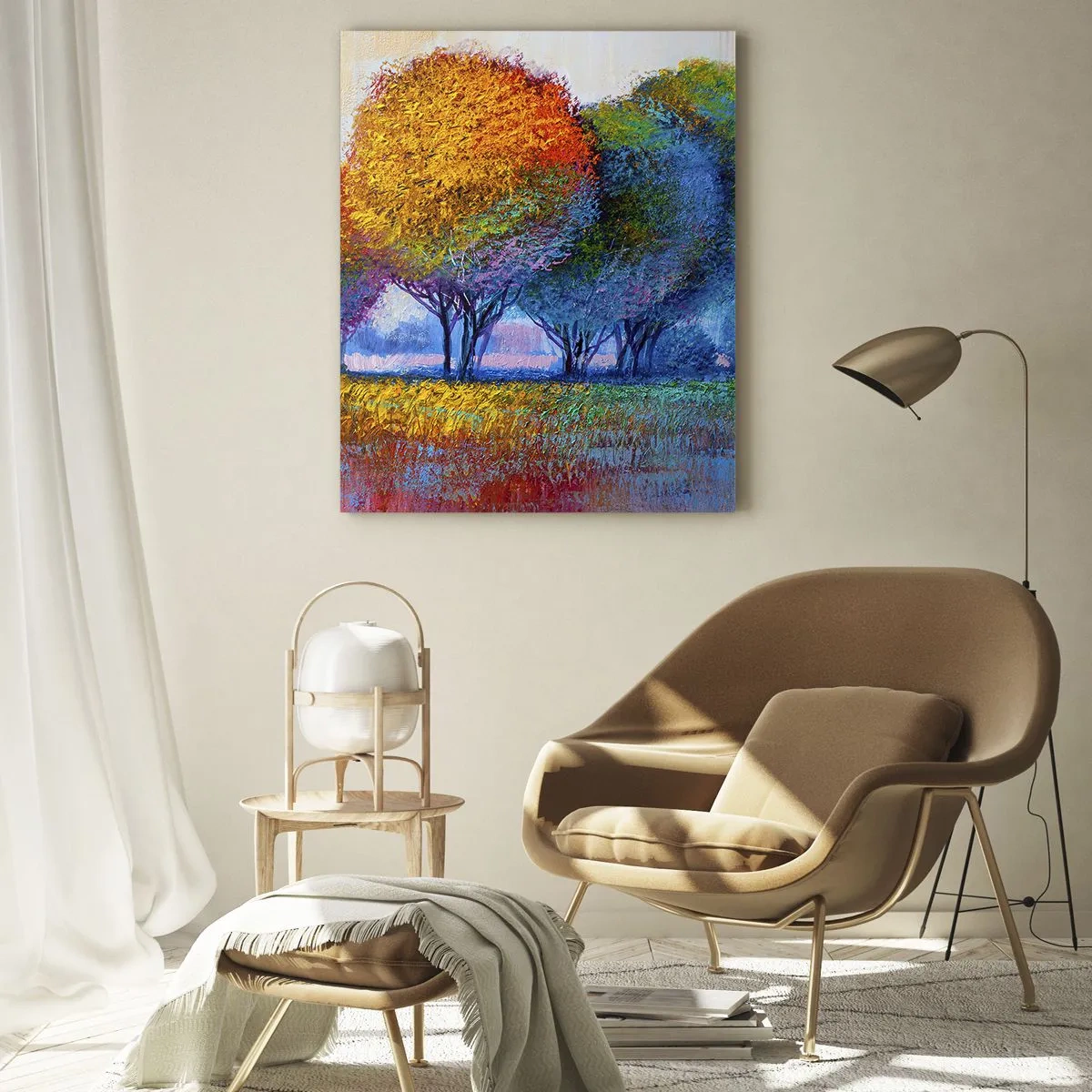 Quadro su vetro - Alberi colorati in un paesaggio impressionista - 80x120cm - Ciuffo di colori brillanti - Decorazione murale moderna per soggiorno e camera da letto ARTTOR