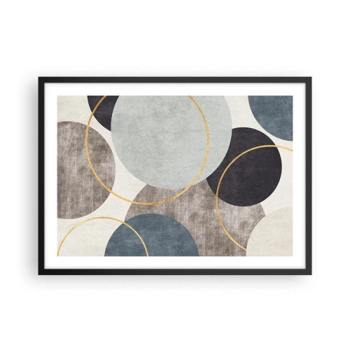 Poster in cornice nera - Cerchi geometrici nelle tonalità del grigio, blu e oro - 70x50cm - Un cerchio dietro l'altro - Decorazione murale moderna per soggiorno e camera da letto ARTTOR