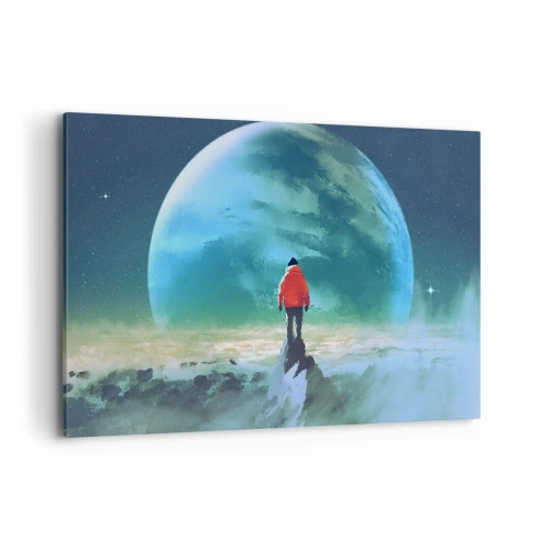 Quadro su tela - Stampe su Tela - Un uomo con una giacca rossa in piedi davanti a un grande pianeta con le stelle sullo sfondo. - 120x80cm - Scopritore di una nuova terra - Decorazione murale moderna per soggiorno e camera da letto ARTTOR