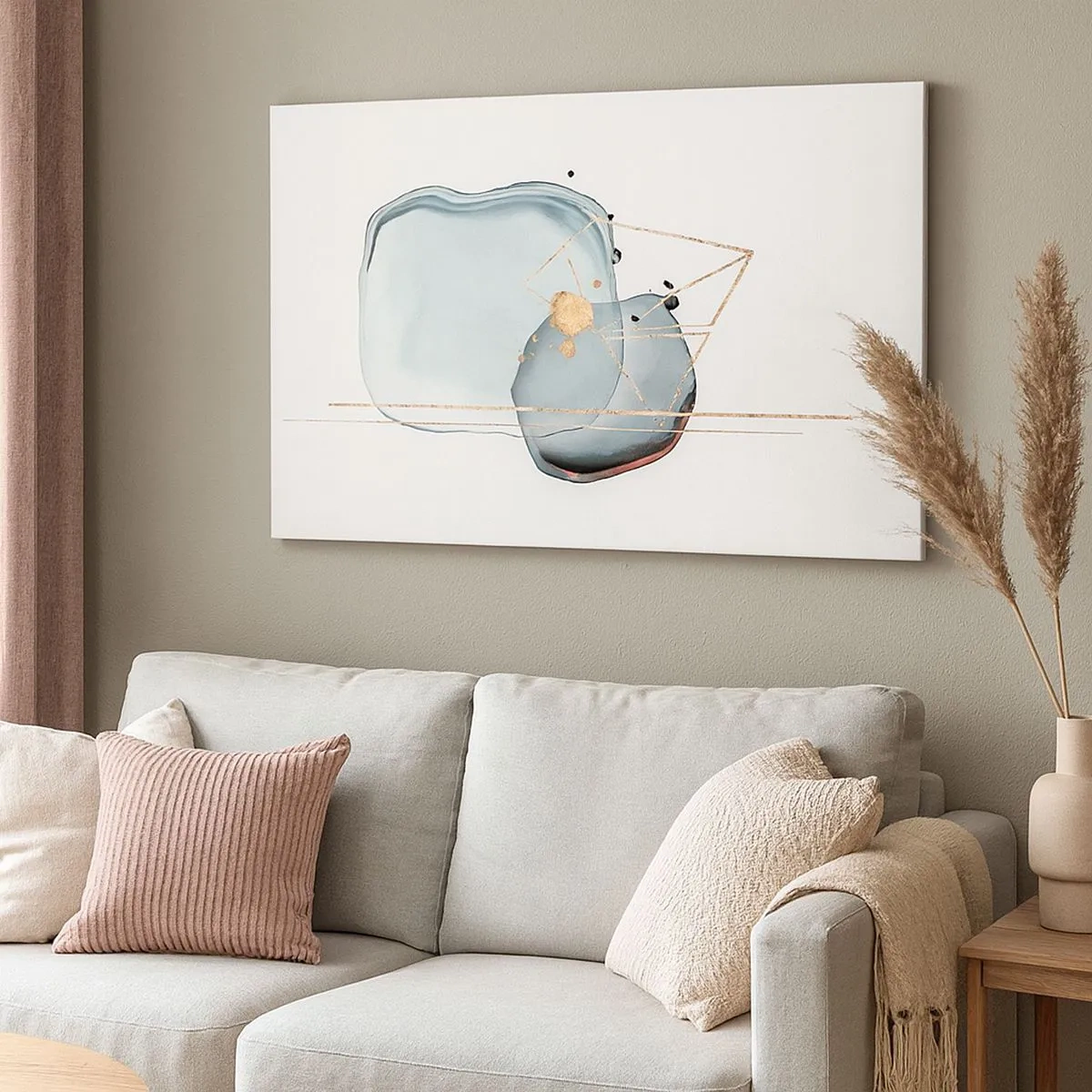 Quadro su tela - Stampe su Tela - Forme astratte nei toni del blu e dell'oro su sfondo bianco - 70x50cm - Studio di goccia - Decorazione murale moderna per soggiorno e camera da letto ARTTOR