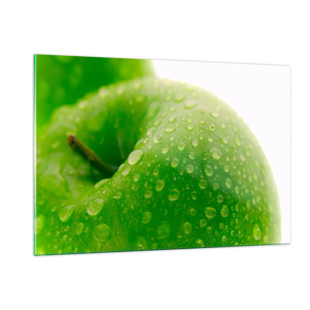 Quadro su vetro - Una mela verde ricoperta di gocce d'acqua - 120x80cm - Rinfrescante verde freschezza - Decorazione murale moderna per soggiorno e camera da letto ARTTOR