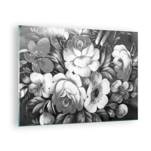 Quadro su vetro - Un elegante bouquet di fiori nei toni del grigio - 70x50cm - Belli anche in grigio - Decorazione murale moderna per soggiorno e camera da letto ARTTOR