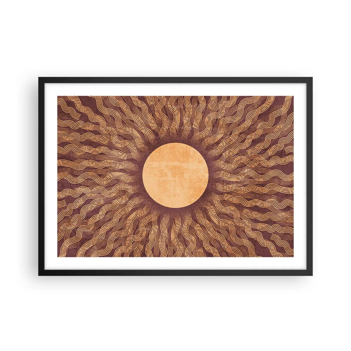 Poster in cornice nera - Motivo soleggiato con raggi su uno sfondo nei toni del marrone - 70x50cm - L'icona del sole - Decorazione murale moderna per soggiorno e camera da letto ARTTOR