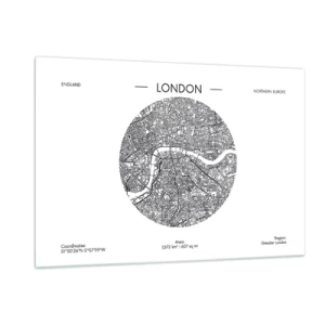 Quadro su vetro - Una mappa dettagliata di Londra in stile grafico in bianco e nero. - 120x80cm - Anatomia di Londra - Decorazione murale moderna per soggiorno e camera da letto ARTTOR