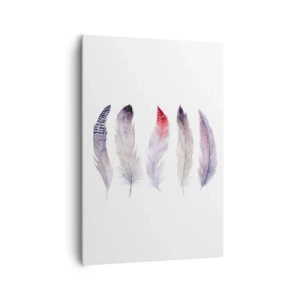 Quadro su tela - Stampe su Tela - Cinque delicate piume in tonalità pastello su uno sfondo chiaro - 70x100cm - Delicate come una nebbia multicolore - Decorazione murale moderna per soggiorno e camera da letto ARTTOR