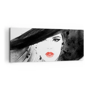 Quadro su tela - Stampe su Tela - Ritratto di una donna con un cappello e labbra rosse - 120x50cm - Donna in nero - Decorazione murale moderna per soggiorno e camera da letto ARTTOR