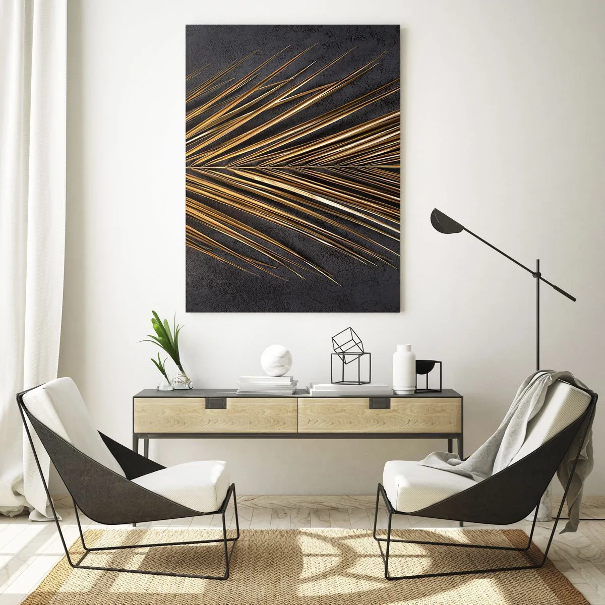 Quadro su vetro - Foglia di palma dorata su sfondo scuro - 50x70cm - L'oro dei tropici - Decorazione murale moderna per soggiorno e camera da letto ARTTOR