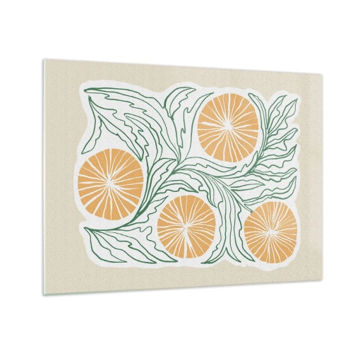 Quadro su vetro - Frutti arancioni e foglie verdi in una composizione grafica - 70x50cm - Etnicamente con una nota di astrazione - Decorazione murale moderna per soggiorno e camera da letto ARTTOR