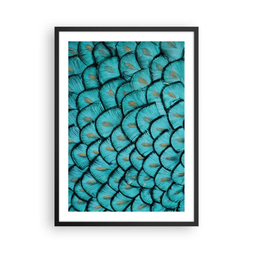 Poster in cornice nera - Macrofotografia di piume turchesi con un motivo unico - 50x70cm - La grande festa delle piume - Decorazione murale moderna per soggiorno e camera da letto ARTTOR
