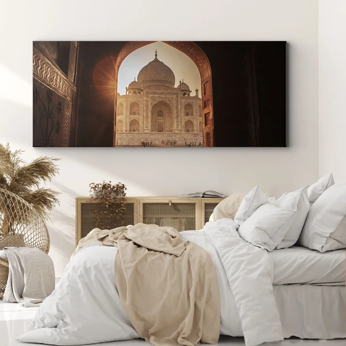 Quadro su tela - Stampe su Tela - Il Taj Mahal alla luce del sole visto dall'arco del cancello - 120x50cm - Monumento all'amore ultraterreno - Decorazione murale moderna per soggiorno e camera da letto ARTTOR