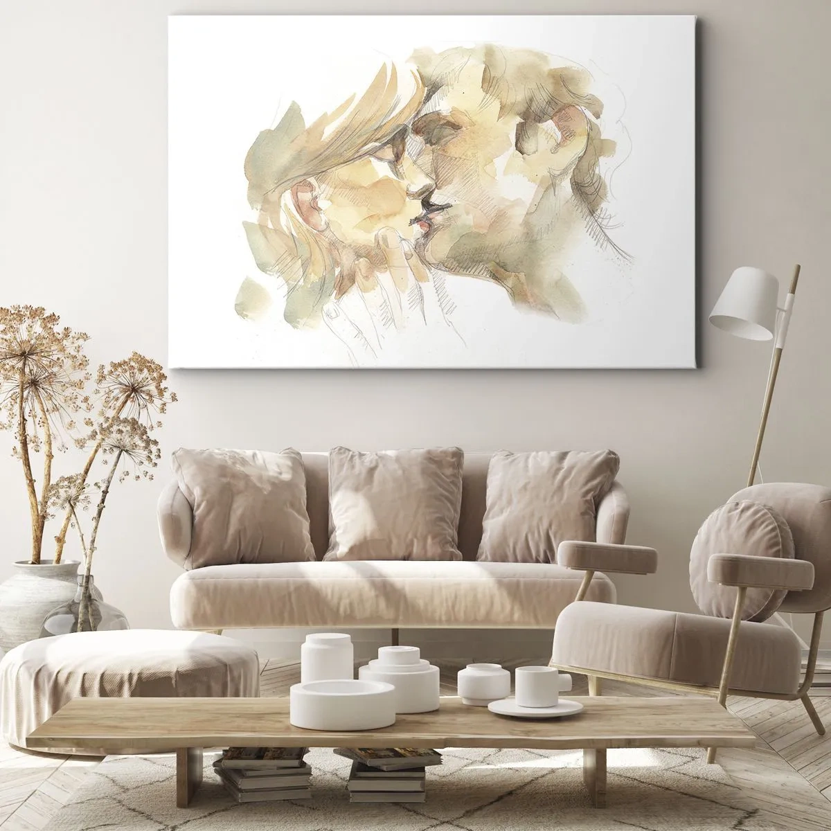 Quadro su tela - Stampe su Tela - Ritratto romantico ad acquerello di una coppia che si bacia - 100x70cm - Sarà l'anima gemella? - Decorazione murale moderna per soggiorno e camera da letto ARTTOR