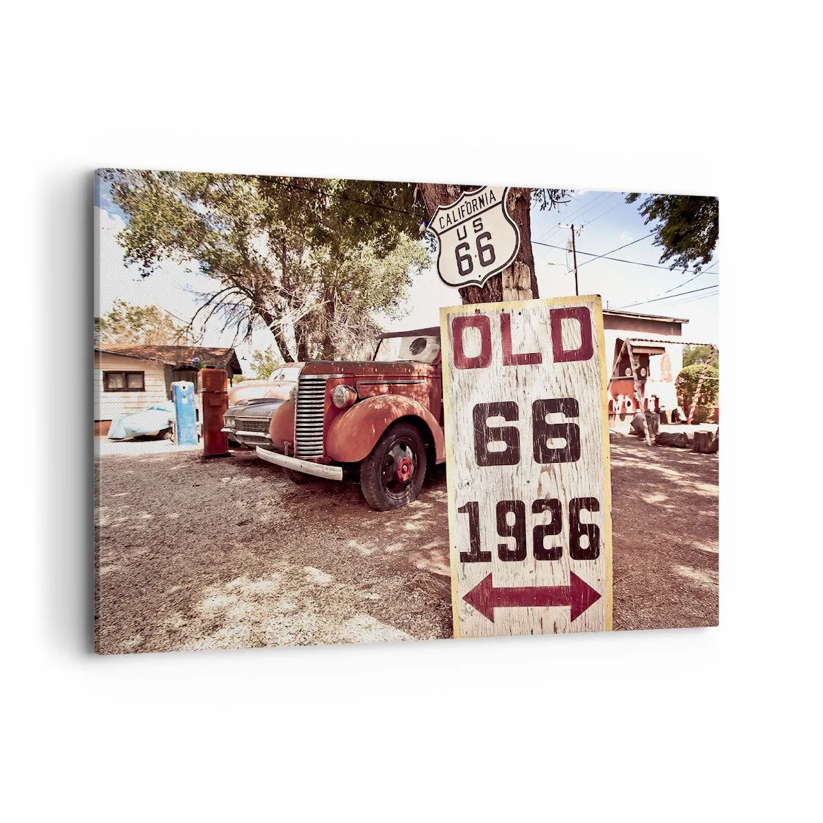 Quadro su tela - Stampe su Tela - Auto retrò e cartello della Route 66 in un ambiente rustico - 100x70cm - La leggenda della provincia americana - Decorazione murale moderna per soggiorno e camera da letto ARTTOR