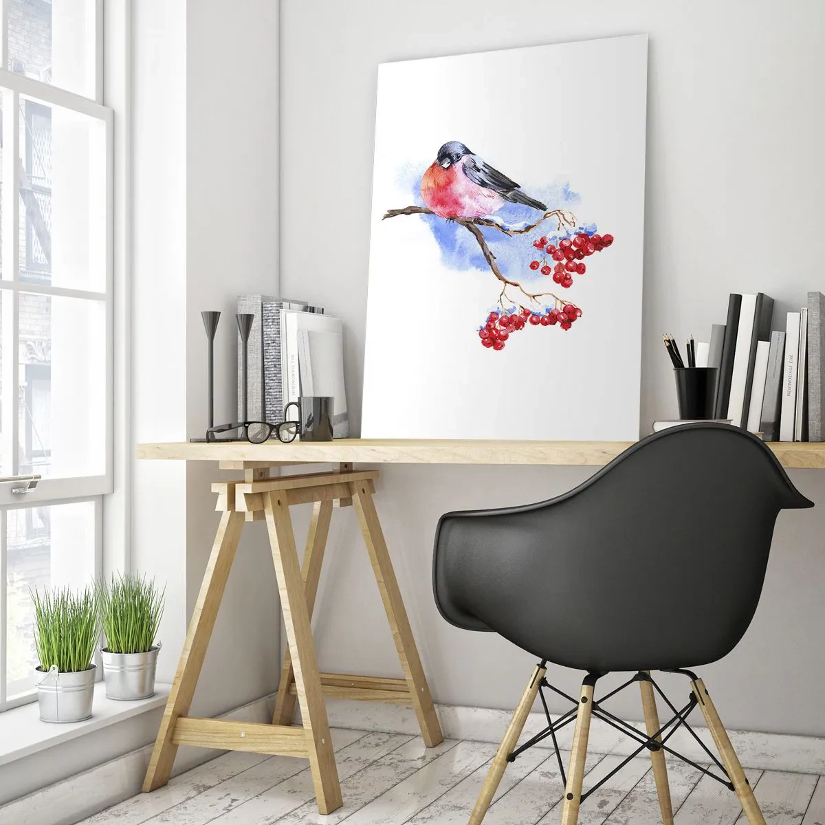Quadro su vetro - Uccello su un ramo con frutta rossa sullo sfondo acquerello - 80x120cm - L'inverno a colori - Decorazione murale moderna per soggiorno e camera da letto ARTTOR
