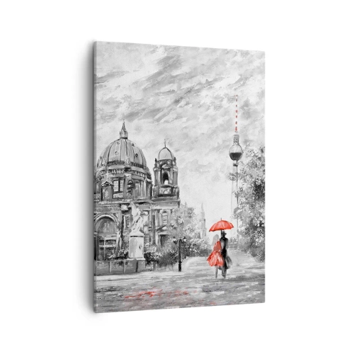 Quadro su tela - Stampe su Tela - Scena in bianco e nero con Berlino, un ombrello rosso e un albero - 50x70cm - Incontro a Berlino - Decorazione murale moderna per soggiorno e camera da letto ARTTOR