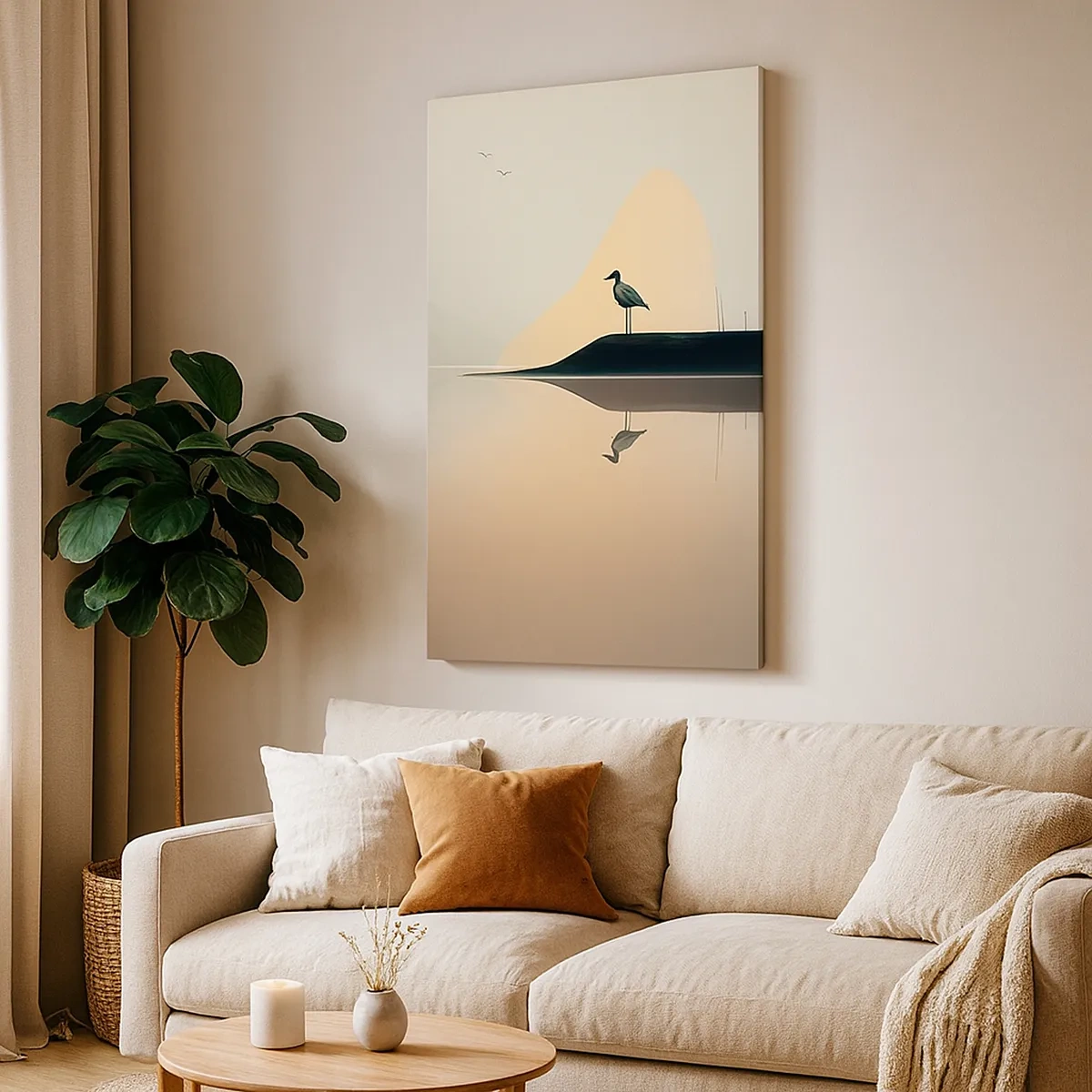 Quadro su tela - Stampe su Tela - Un uccello su un'isola in un lago calmo con tonalità calde - 50x70cm - Il signore del lago - Decorazione murale moderna per soggiorno e camera da letto ARTTOR