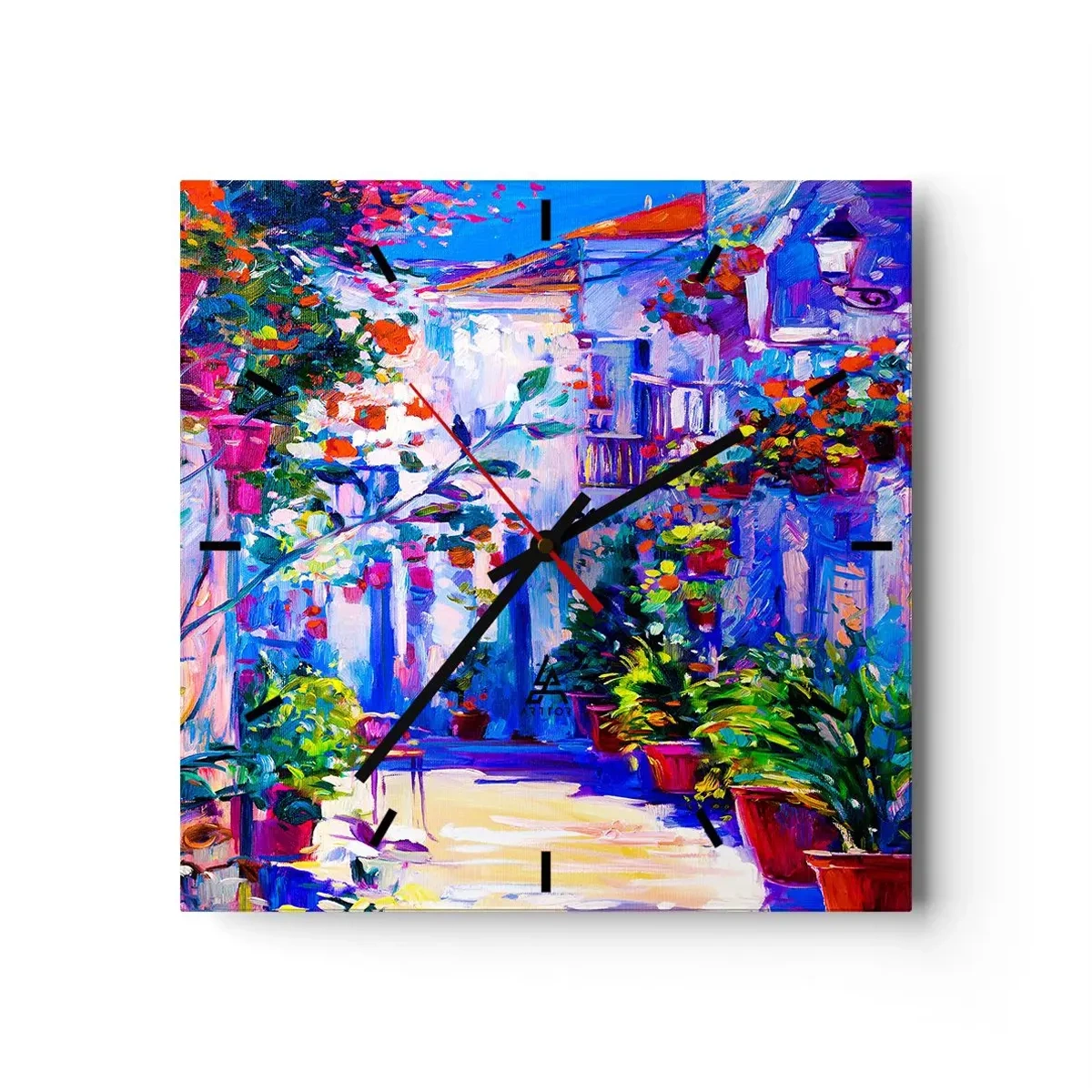 Orologio da parete - Orologio in Vetro - Una strada colorata piena di fiori - 30x30cm - Impressionismo: stradina italiana - Decorazione murale moderna per soggiorno e camera da letto ARTTOR
