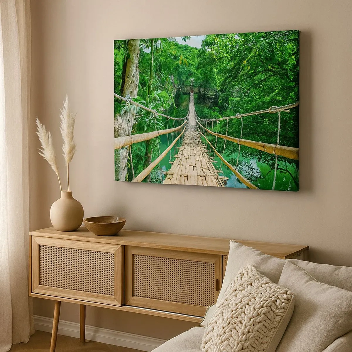 Quadro su tela - Stampe su Tela - Un ponte sospeso di bambù immerso nel verde - 70x50cm - Ponte sospeso sopra il verde - Decorazione murale moderna per soggiorno e camera da letto ARTTOR