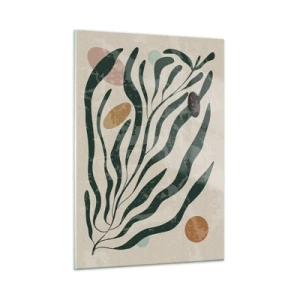 Quadro su vetro - Forme organiche in verde su sfondo beige - 50x70cm - Tra il verde - Decorazione murale moderna per soggiorno e camera da letto ARTTOR