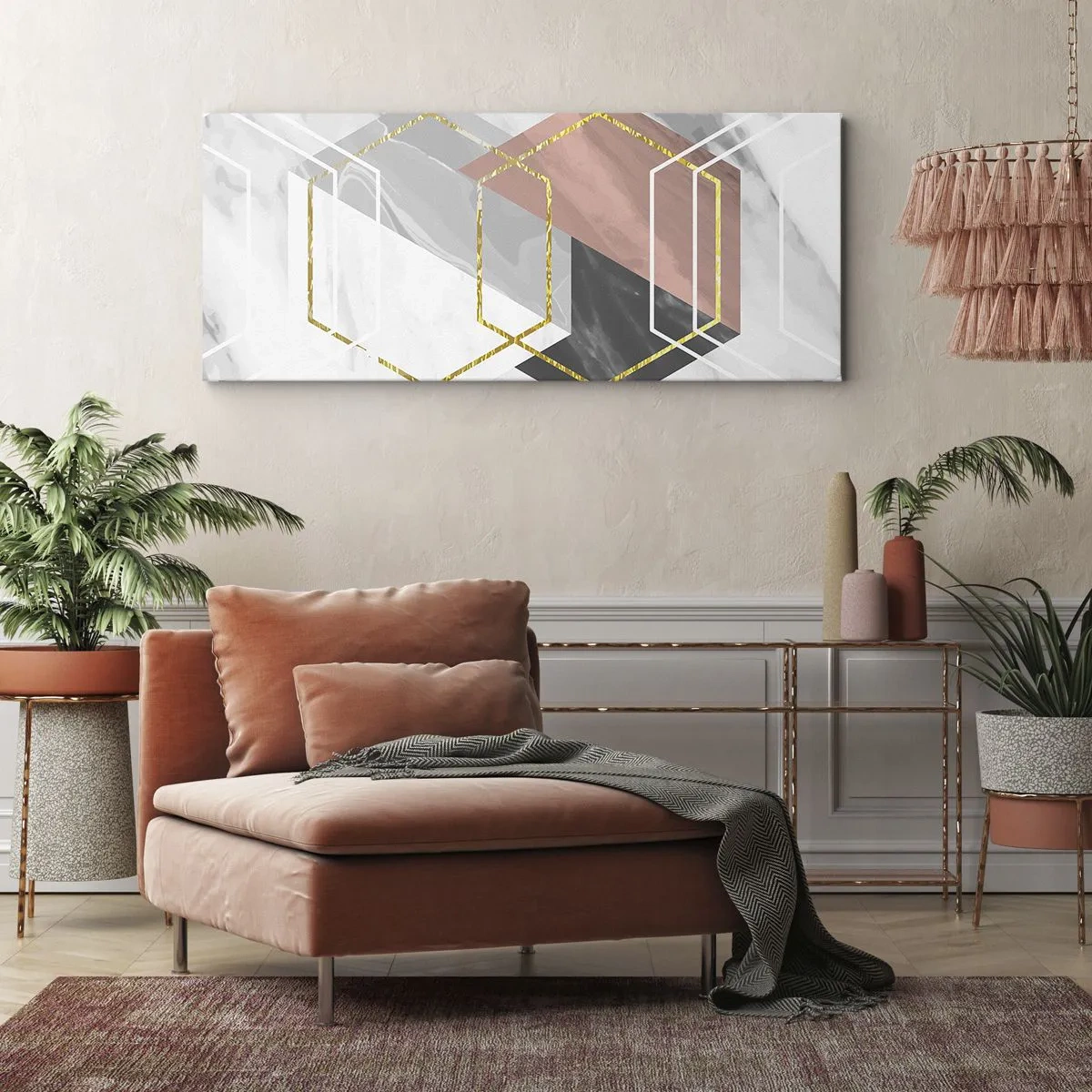 Quadro su tela - Stampe su Tela - Figure geometriche con accenti in oro e marmo - 120x50cm - Composizione a catena - Decorazione murale moderna per soggiorno e camera da letto ARTTOR