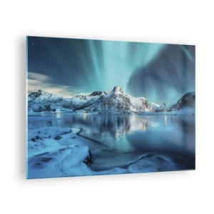 Quadro su vetro - Aurora boreale sulle montagne innevate - 70x50cm - Notte di luce - Decorazione murale moderna per soggiorno e camera da letto ARTTOR