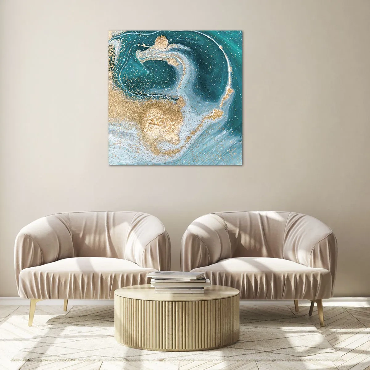 Quadro su vetro - Vortice di oro e turchese - 40x40 cm