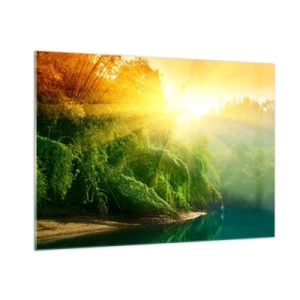 Quadro su vetro - Raggi di sole sulla vegetazione verde lungo il fiume - 100x70cm - Immergersi nel sole e nell'ombra - Decorazione murale moderna per soggiorno e camera da letto ARTTOR
