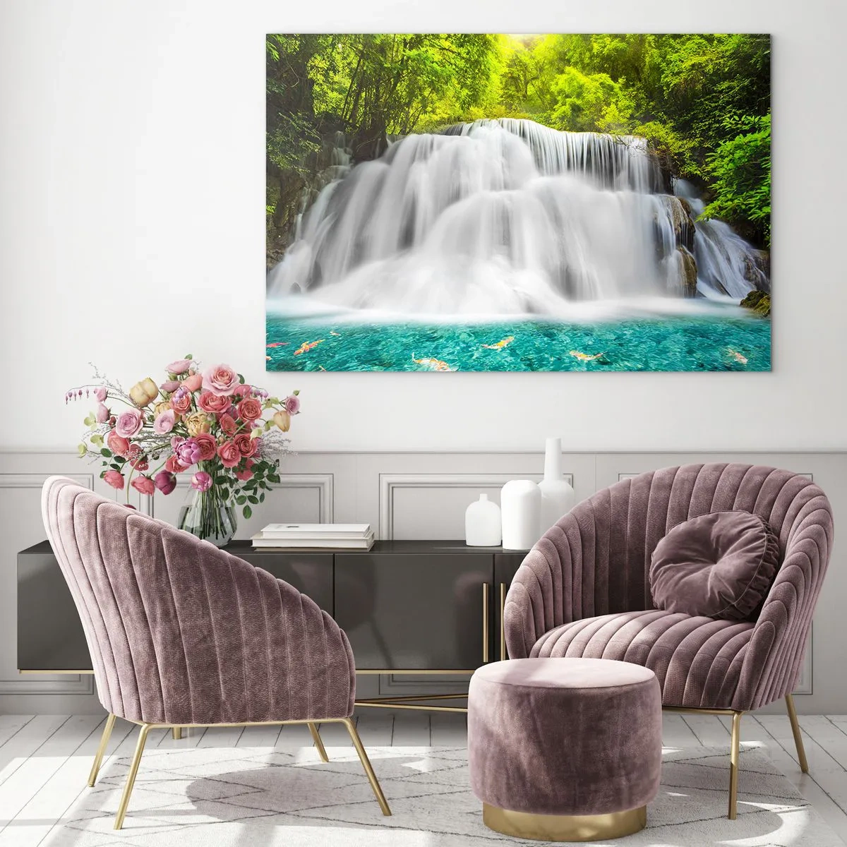 Quadro su vetro - Una cascata immersa nel verde con acqua cristallina - 70x50cm - Cascata spumeggiante dal verde all'azzurro - Decorazione murale moderna per soggiorno e camera da letto ARTTOR
