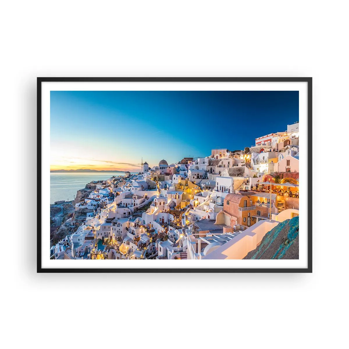 Poster in cornice nera - Vista di una città greca al tramonto - 100x70cm - Essenza della grecità - Decorazione murale moderna per soggiorno e camera da letto ARTTOR