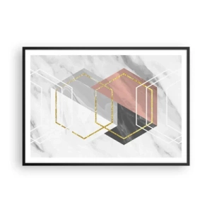 Poster in cornice nera - Figure geometriche con accenti in oro e marmo - 100x70cm - Composizione a catena - Decorazione murale moderna per soggiorno e camera da letto ARTTOR