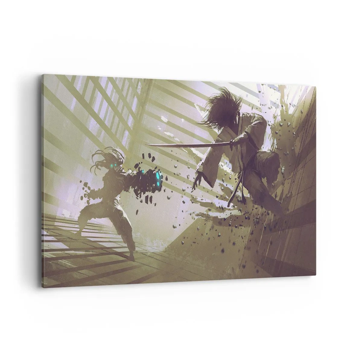 Quadro su tela - Stampe su Tela - Combattimento dinamico tra due personaggi in stile futuristico - 120x80cm - Anche tu puoi essere un samurai - Decorazione murale moderna per soggiorno e camera da letto ARTTOR