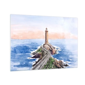 Quadro su vetro - Un faro su un promontorio roccioso circondato da un mare calmo - 70x50cm - Rivolto verso il mare - Decorazione murale moderna per soggiorno e camera da letto ARTTOR