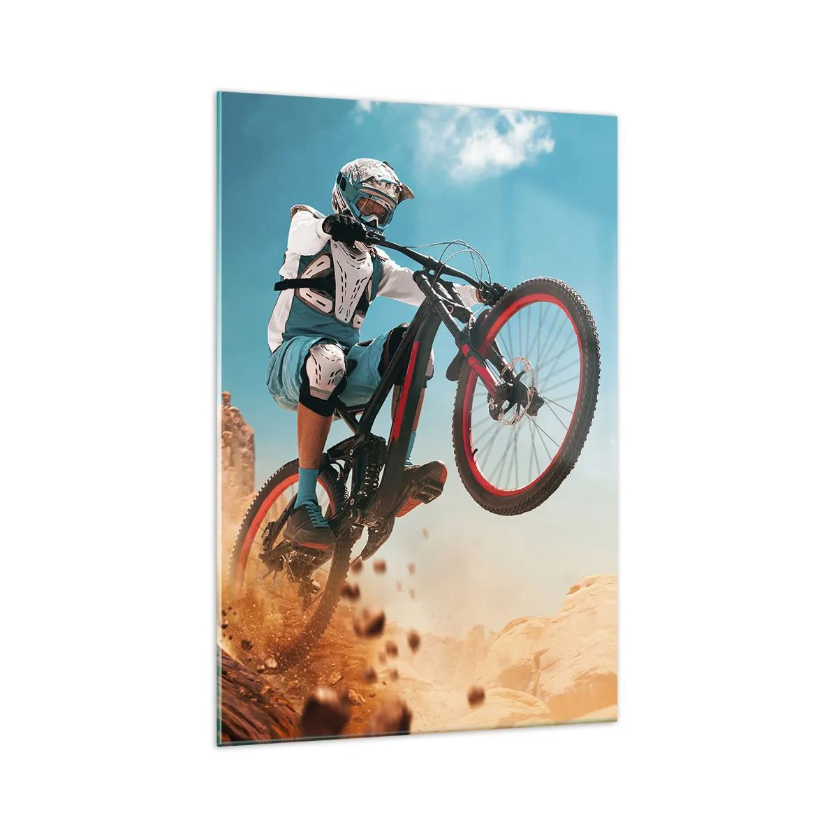 Quadro su vetro - Un ciclista di mountain bike esegue un salto su uno sfondo di rocce - 70x100cm - Il demone della follia ciclistica - Decorazione murale moderna per soggiorno e camera da letto ARTTOR