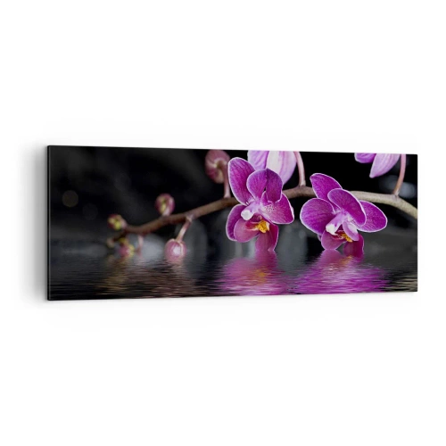 Quadro su tela - Stampe su Tela - Orchidee viola su acqua calma su sfondo nero - 140x50cm - La bellezza riflessa dai gigli - Decorazione murale moderna per soggiorno e camera da letto ARTTOR